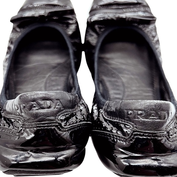 Prada | Black Patent Leather Ballet Flats w/ Logo Soles | Size 37 - Picture 9 of 10